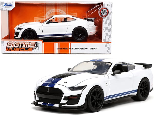 2020 Ford Mustang Shelby GT500 White with Blue Stripes Bigtime Muscle Series 1/24 Diecast Model Car by Jada