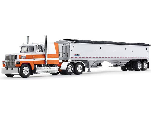 Ford LTL 9000 60" Aerodyne Sleeper with Wilson Pacesetter Grain Trailer Orange and White 1/64 Diecast Model by DCP/First Gear